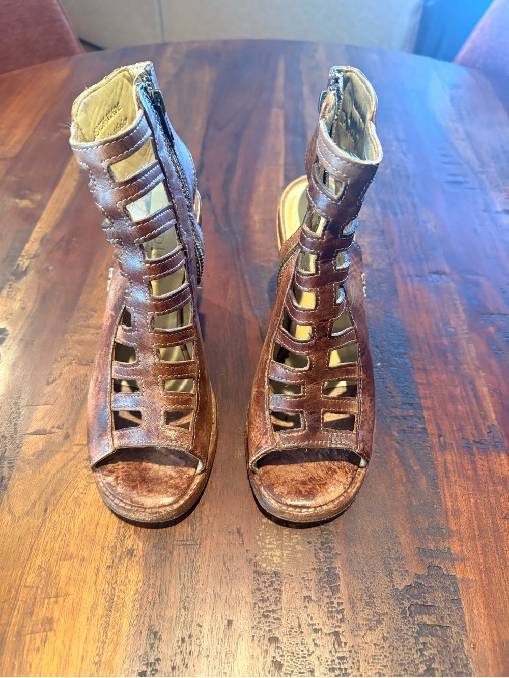 Bed Stu Occam caged leather peep toe booties. Distressed teak rustic finish.